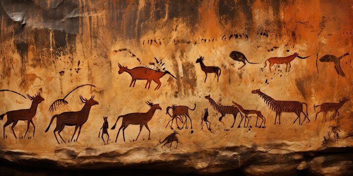 AI Generated. AI Generative. Primitive historical stone cave wall drawing art of animals hunting. Graphic Art