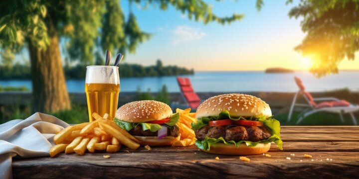 two burgers and french fries sitting on a picnic table Generative AI