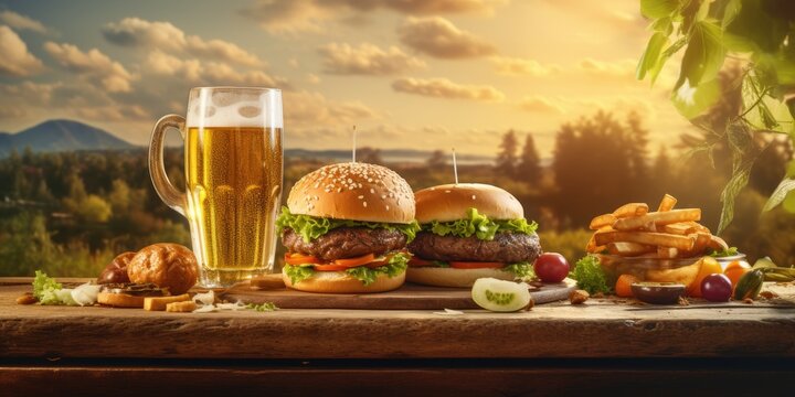 large burgers and french fries on a table with beer Generative AI