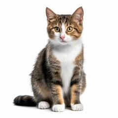 a cat sitting in front of a white background