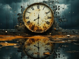 AI generated illustration of a vintage clock on the brick wall reflecting on the puddle