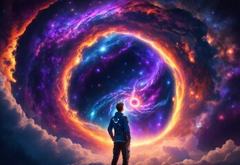 AI generated illustration of A male figure looking at the galaxy colorful clouds