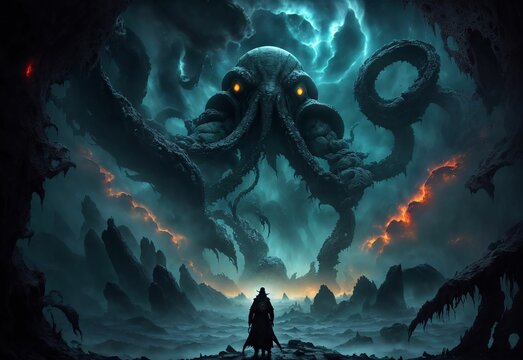AI generated illustration of a silhouette of a person against a dramatic backdrop of a cthulhu