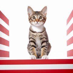 Obraz premium a cat sitting on top of a box with an american flag on it