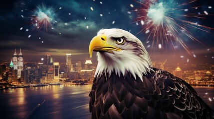 AI generated illustration of a majestic bald eagle is perched against colorful fireworks