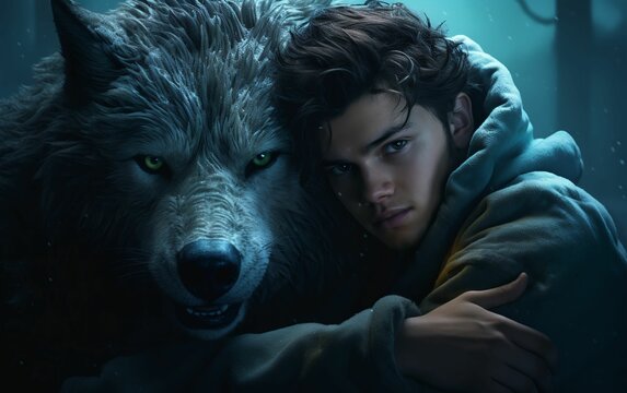Young man embracing a grey wolf with bright green eyes in a shadowy setting, AI-generated.