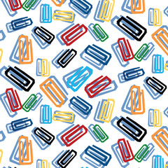 colored paper clips on a white background pattern, preparation for school, seamless pattern on a white background, back to school
