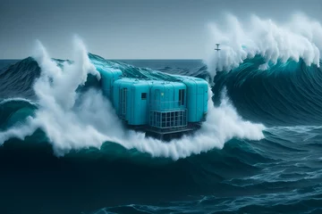 Fototapeten Harnessing Ocean Power: Witness the wave energy converter in action, capturing clean electricity from ocean waves, a sustainable breakthrough in energy production - Generative AI © Pamoda