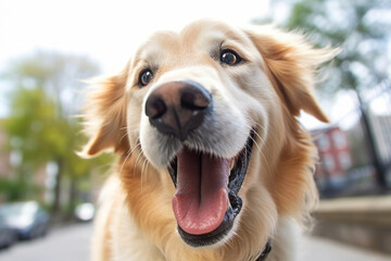 a close up of a golden retriever with its mouth open