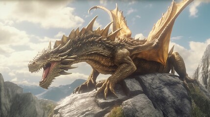 Fantasy dragon on the rock.3D rendering.Generative AI