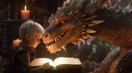 Dragon leyendo un cuento.Generative AI