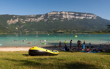 Sougey Beach on the edge of Lac d'Aiguebelette, a natural lake know for its blue-green colour,...