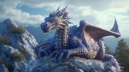 Fantasy dragon on the rock.3D rendering.Generative AI - obrazy, fototapety, plakaty