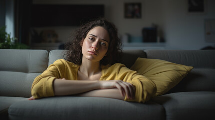 Fototapeta premium Woman Suffering From Depression Sitting On Bed In Pajamas