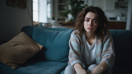 Fototapeta premium Woman Suffering From Depression Sitting On Bed In Pajamas