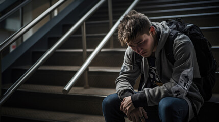 Young guy student sitting on the stairs depressed.