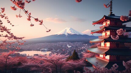 Fototapeta premium Photo of Chureito Pagoda and Mount Fuji in Japan with cherry blossoms in spring, generated by AI
