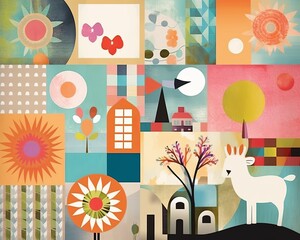 a colorful collage of various animals trees and buildings
