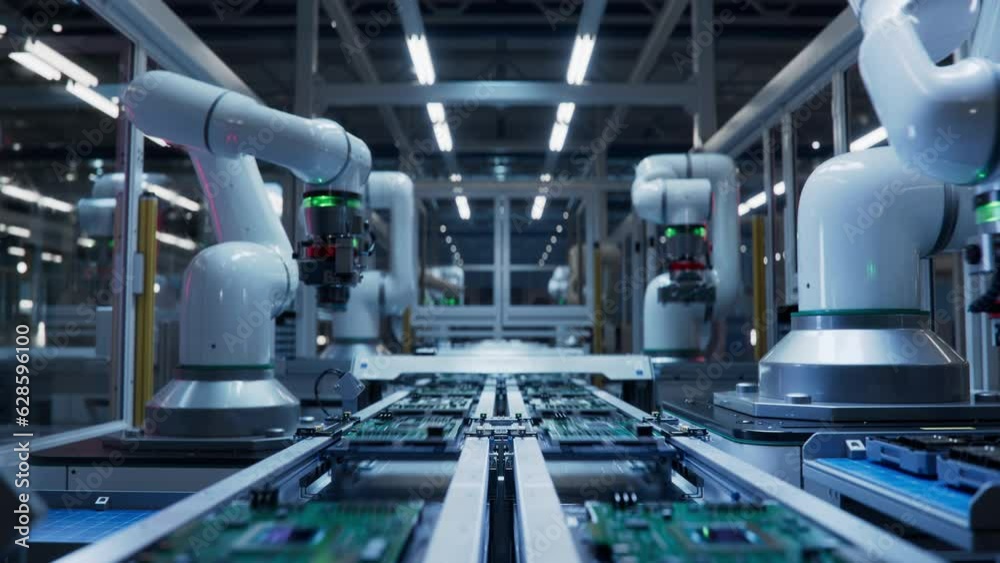 Wall mural timelapse of fully automated pcb assembly line equipped with advanced high precision robot arms at e
