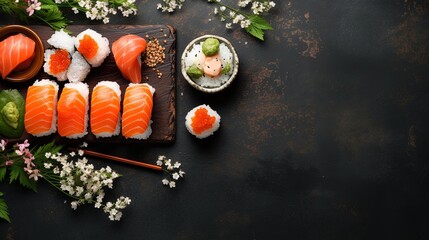 Photo of sushi on a black table with copy space, generated by AI