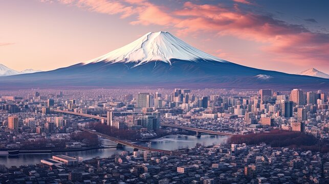 Aerial photo of the cityscape of Tokyo with Mount Fuji in Japan, generated by AI