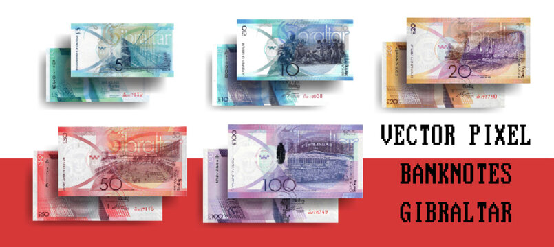 Vector set of pixelated mosaic Gibraltar banknotes. Notes in denominations of 5, 10, 20, 50 and 100 pounds. Flyers or play money.