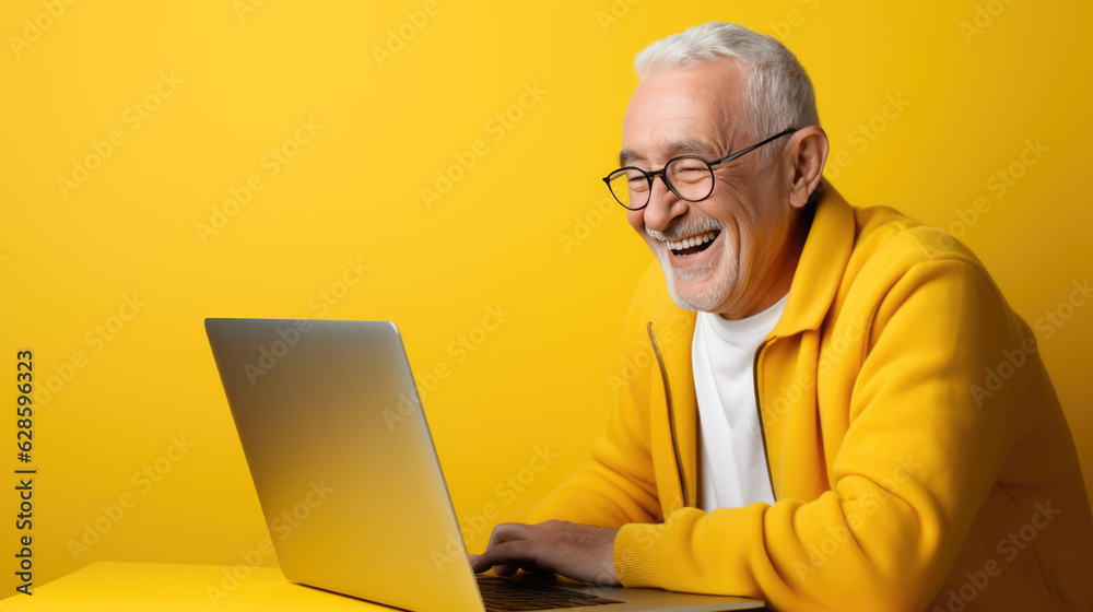 Poster Elderly man working on a laptop on a yellow background.