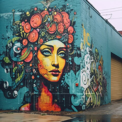 a colorful mural of a woman with flowers on her head on the side of a building