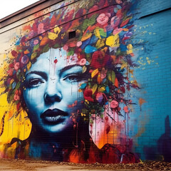 a colorful mural of a woman with flowers on her head