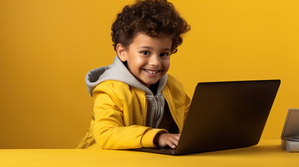 Little kid with a laptop on a yellow background.