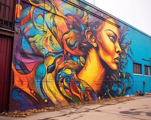 a colorful mural of a womans face on the side of a building