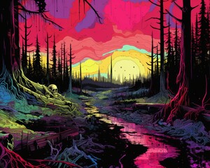 a colorful painting of a forest with trees and water