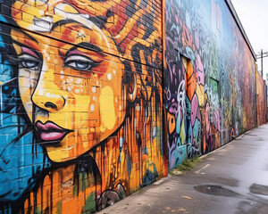 a colorful wall with a womans face painted on it