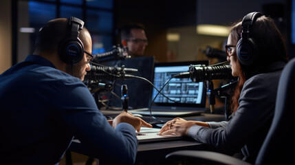 Man records a podcast with a guest in her office.
