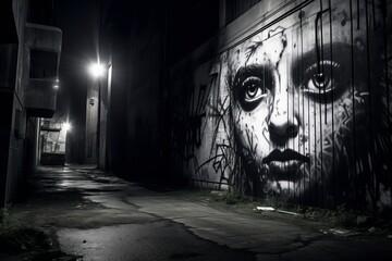a dark alley with graffiti on the wall and a womans face painted on the wall