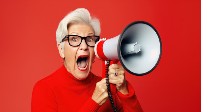 Senior woman screaming into a loudspeaker isolated on red background.