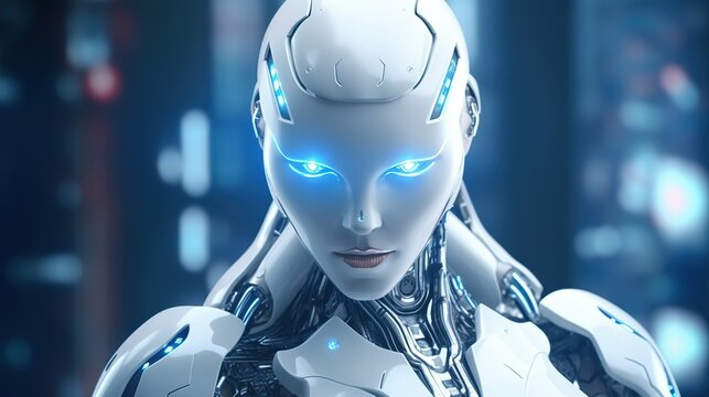 Holographic humanoid robot white skin with blue eyes Ai Image Generated