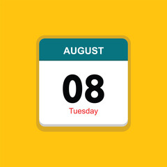 tuesday 08 august icon with yellow background, calender icon