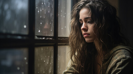 Fototapeta premium Depressed young woman near window at home, closeup