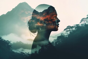 a double exposure of a womans face with mountains in the background - Powered by Adobe