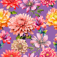 Seamless pattern with hand drawn flowers. Floral illustration. - 628598126