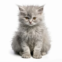 a fluffy gray kitten sitting down on a white background