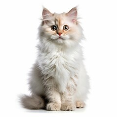 a fluffy white cat sitting on a white background