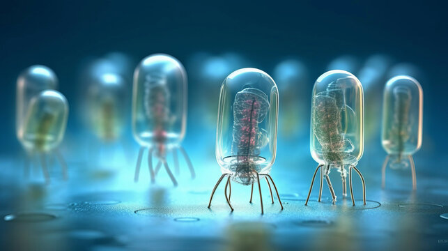 Modern synthetic nanorobots under a medical scanning electron microscope, combating bacteria and viruses, color-full image, ai-generated