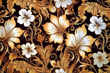 a gold and white floral pattern on a black background