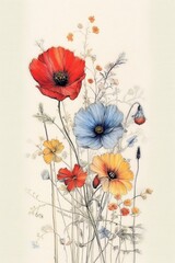Colorful watercolor wild flowers on white background
