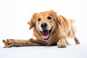 a golden retriever dog is playing with a piece of wood