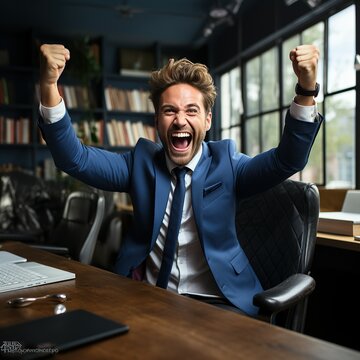 Joyful Businessman Raising Hands in Blue-Toned Office: High-Resolution Photo on White Background Generative AI.