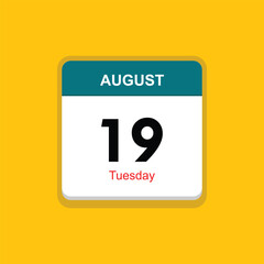 tuesday 19 august icon with yellow background, calender icon - obrazy, fototapety, plakaty