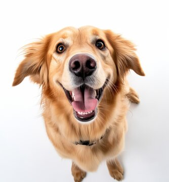 a golden retriever is looking up at the camera